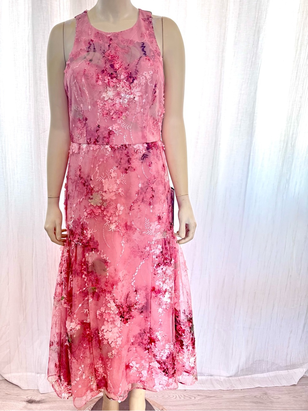 Aidan Matox Sz 10 Pink 3D Floral Sleeveless Midi Dress Sequin Boho - Picture 5 of 12